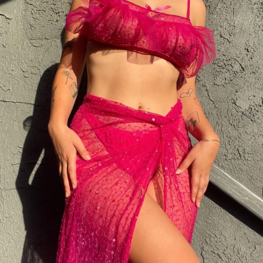 DYSPNEA hot pink Barbiecore festi/party look large bralette + medium skirt